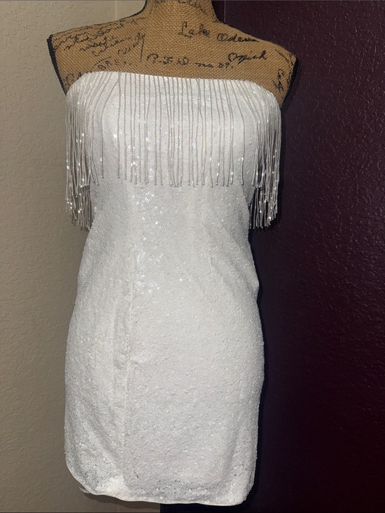 Lena Dresses & Skirts - Strapless White Sequin Fringe Mini Dress